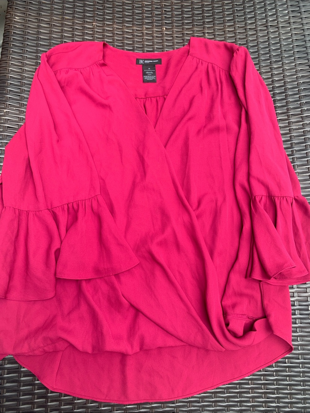 INC International Concepts Bright Fuchsia Ruffle-Sleeve Wrap Top